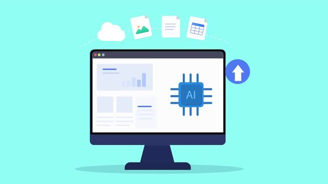 Animated flat dashboard interface featuring processor chip elements, upload action icon, desktop monitor, and modern computing technology scene.