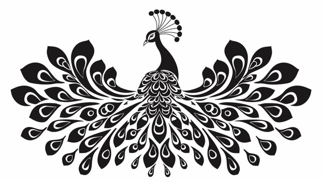 Elegant black and white peacock illustration with outspread feathers