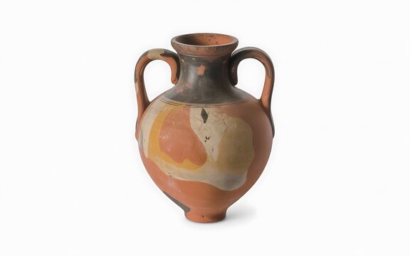 Ancient clay vase with handles and abstract design on a white background.