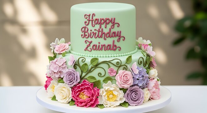 Light Green Birthday Cake with Vibrant Buttercream Flowers
Zainab's Garden-Inspired Birthday Cake with Floral Cascade
Pastel Green Cake with Colorful Buttercream Blooms