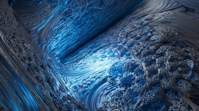 3D animated fractal cave in vivid blue and cyan with glowing inner light. Flowing organic forms and deep cavern atmosphere. Ideal for science, technology, and VFX projects.