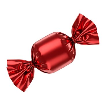 A red candy wrapped in shiny red wrapper with twisted ends on a white background