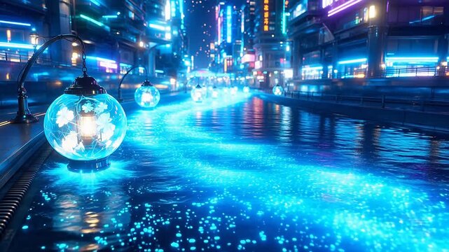 未来的な都市景観と光り輝く水路が,自然界の雄大なスケールを際立たせている。