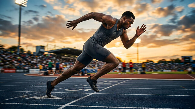 A determined male sprinter exploding from the starting line on an outdoor track at sunset, showcasing powerful athletic speed and focused ambition in competitive sports during a championship event
