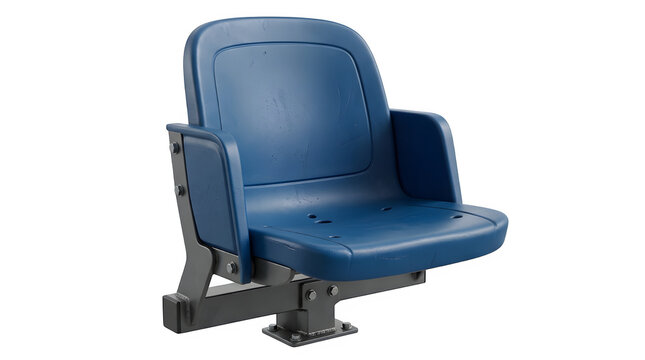Blue stadium seat with metal frame on isolated transparent background