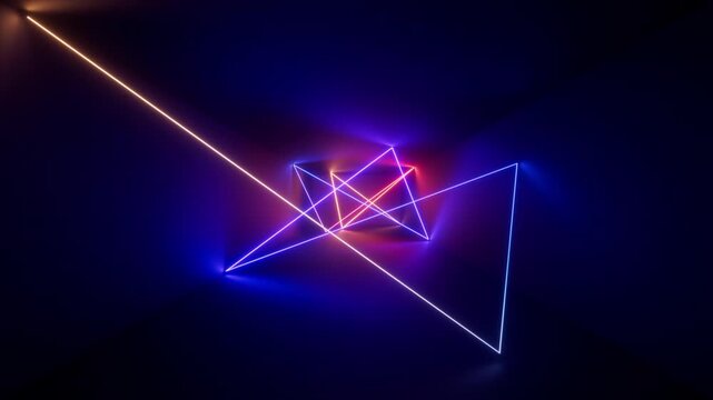 cycled 3d animation, geometric zigzag lines glow with neon light and change colors from blue to red inside the dark room. Abstract animated background, futuristic technological wallpaper