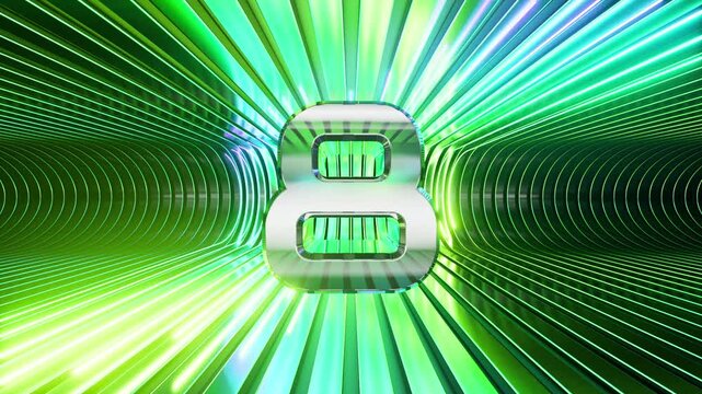3D animation of a countdown from ten to one. A stage made of metallic curved stripes and glowing green neon lights in the background. Chrome digits with mirror reflection rotate around their axis