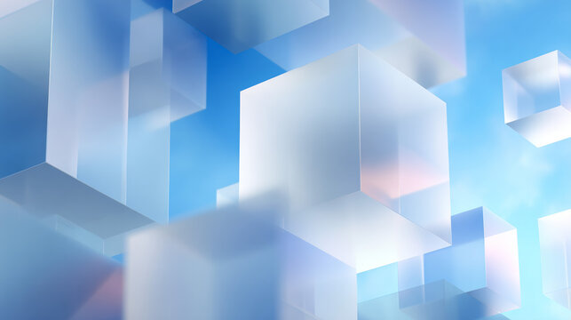 Abstract 3D floating glass cubes on blue background