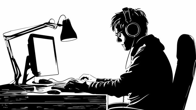 Person using computer with headphones silhouette monochrome graphic design