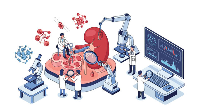 Team of miniature scientists and doctors use high-tech equipment and microscopes to study a large human kidney in a modern medical laboratory.