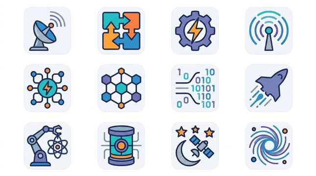 Collection of science and technology icons in a grid layout.