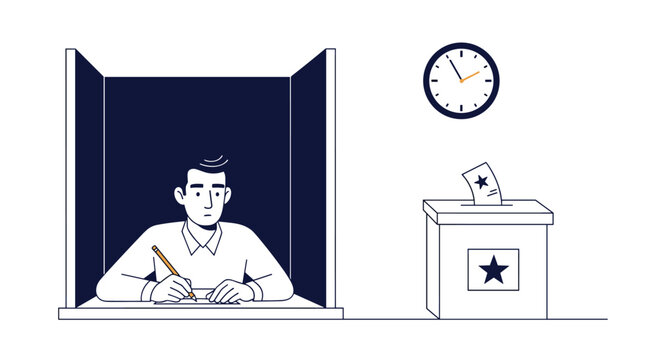 Citizen casting a vote at a polling station in a private booth while a ballot box stands nearby under a wall clock.