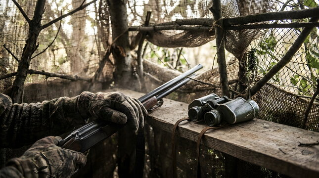 Military Sniper Hideout with Burlap Camo Netting and Scouting Equipment