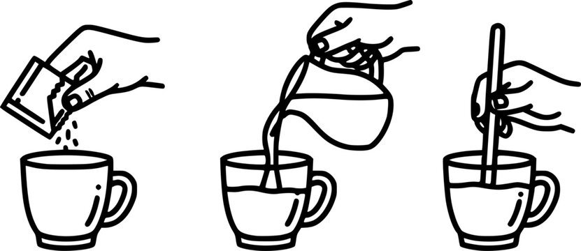 Line art icons showing steps to prepare a beverage adding a packet to a cup, pouring liquid into the cup, and stirring with a stick, isolated on white .