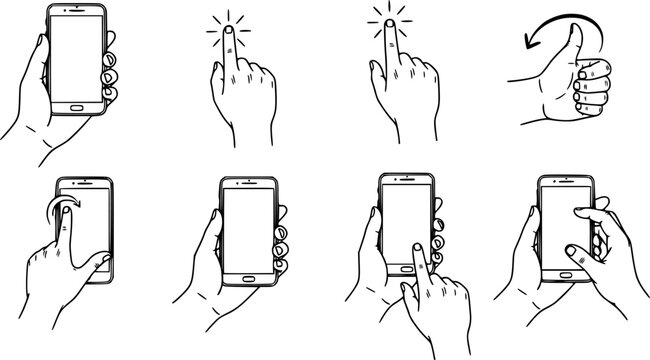 Set of line art illustrations depicting various hand interactions with a smartphone, including holding, tapping, and swiping gestures
