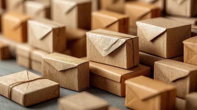 A pile of small brown paper boxes and tied with rustic twine. Use for delivery, presents, postal services or small business concepts.