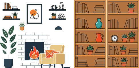 Cozy Living Room Interior with Fireplace, Armchair, Bookshelves, Potted Plants, and Wall Art for Home Decor, Interior Design, and Lifestyle Illustrations © Sultana