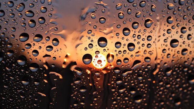 Water droplets clinging to glass with golden sun setting behind