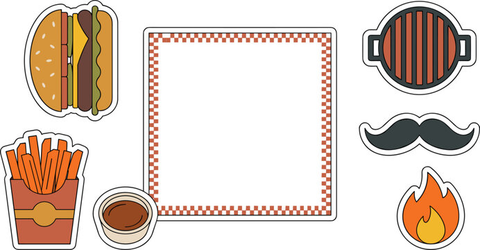 A Fun BBQ-Themed Sticker Set Featuring a Burger, French Fries, Sauce Cup, Checkered Frame, Grill, Mustache, and Fire Icon on a Clean White Isolated Background