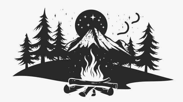 Nighttime mountain campfire scene with trees and stars in monochrome design