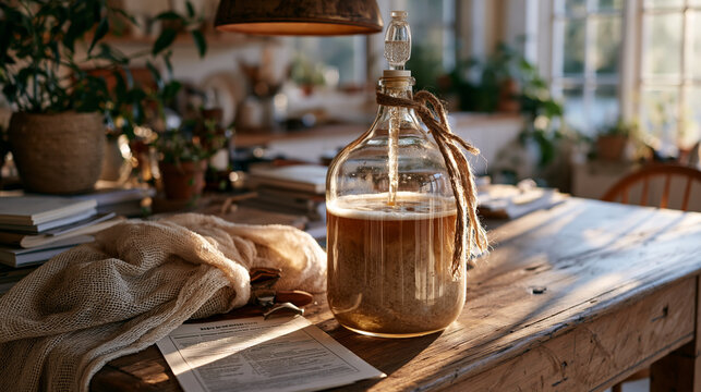 Cluttered wooden kitchen counter holds a glass fermentation jug, airlock bubbling, mesh grain bag draped over the edge to dry, printed recipe sheet weighted by a bottle capper, warm amber overhead l