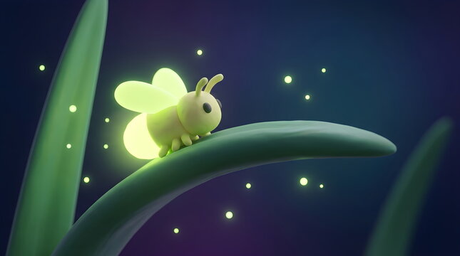 Cute Stylized 3D Firefly Glowing on Grass Blade