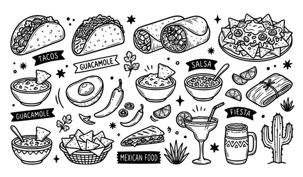 Mexican food line art doodle set black white hand drawn vector illustration isolated white background