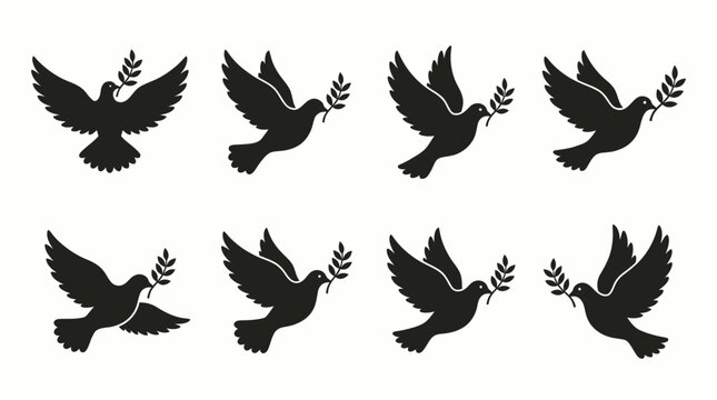 Collection of eight black silhouette illustrations of flying doves with olive branches showing peace, hope, and harmony symbols in graceful wing positions