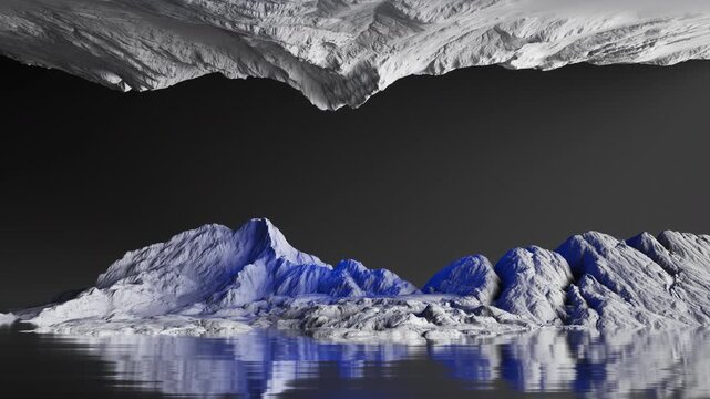 3d animation, abstract unique landscape. Growing rocky mountains lit by neon blue light, reflected in calm water. Minimalist, fantastic background