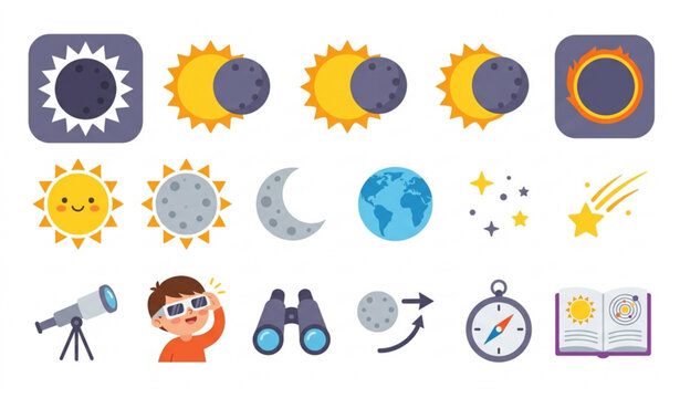 Cute solar eclipse stickers sun moon space kids vector illustration isolated white background