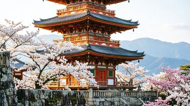 Beautiful traditional Japanese five-story pagoda temple with vermillion architecture surrounded by blooming cherry blossom sakura trees in spring, Kyoto, Japan. Ancient cultural heritage site with mou