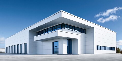 Fototapeta premium Sleek modern warehouse design under clear blue skies