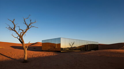 Obraz premium Sleek Glass Architecture Reflecting Desert Landscape and Tree