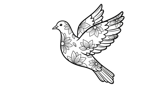 Black and white dove with floral pattern soaring against white background