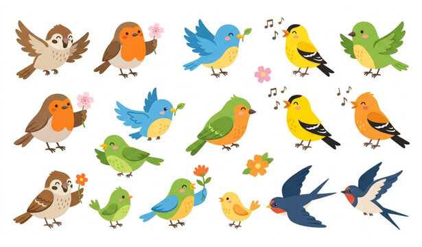 Cute spring birds stickers childish cartoon vector illustration isolated white background