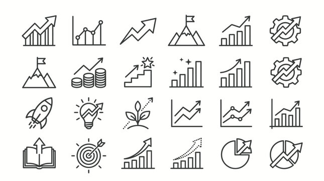 Collection of black line icons showing growth, progress, success, achievement, arrows, charts, plants, staircases, compasses arranged in grid pattern