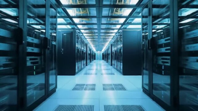 Modern data center server room with blue illumination.