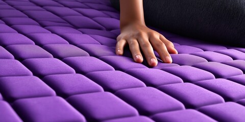 Fototapeta premium Close-up of a hand touching a plush purple mattress with a unique quilted grid pattern