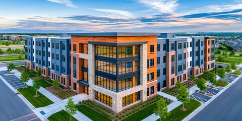 Fototapeta premium Contemporary residential architecture bathed in golden light