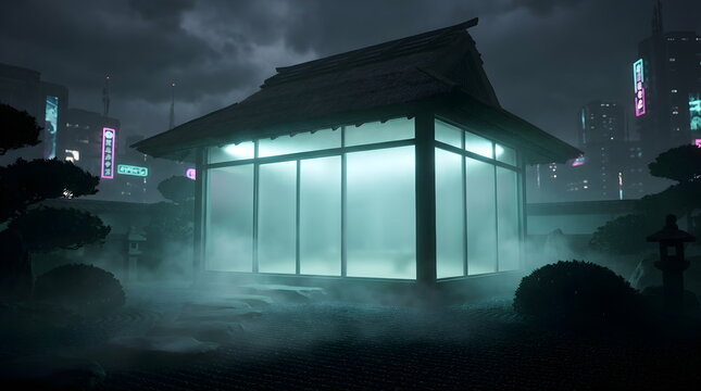 Cyberpunk traditional Japanese house in foggy garden at night
