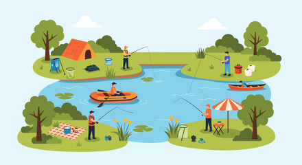 Obraz premium Scene of various people enjoying a relaxing day fishing from small boats and the shore at a peaceful forest pond.