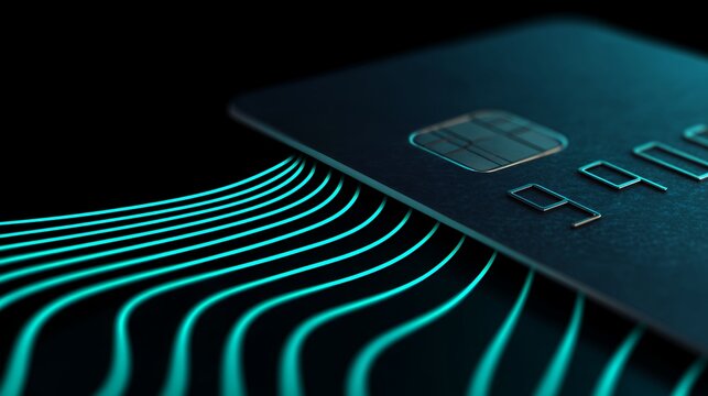 Close up of dark credit card with gold microchip and embossed numbers on abstract neon green glowing wave background fintech concept