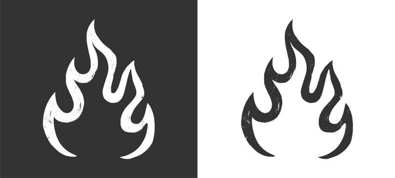 Wavy white fire flame icon beside textured black grunge silhouette outline elements.