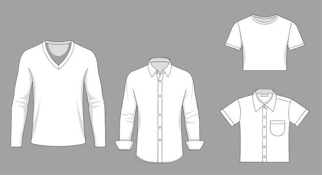 Collection of simple white clothing templates including a long sleeve shirt, button-down, and casual t-shirts.