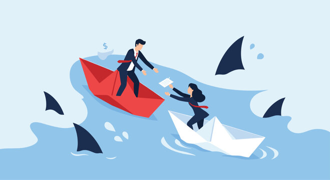 Two business professionals in paper boats collaborate to survive and navigate through dangerous shark infested waters.