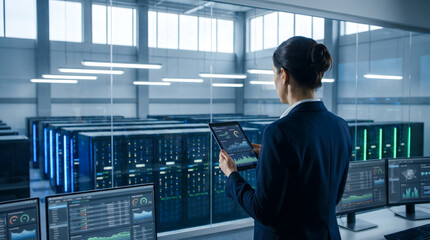 Fototapeta premium Female IT manager holding a tablet analyzing network data in a modern server room control center.