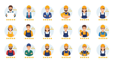 Fototapeta premium Collection of professional worker avatars with five star ratings represents high quality service and skilled labor.