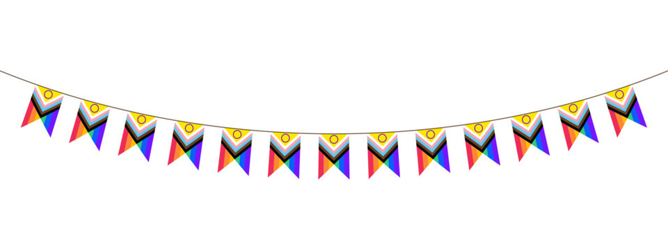 Pride Flag Bunting with LGBTQ Flags. Pride Rainbow Bunting Decoration for LGBTQIA Pride Month. Pride Month Rainbow Flag Pennant Vector Illustration. 