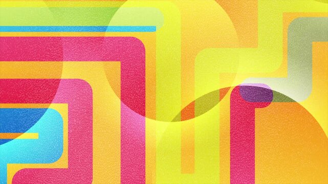 Abstract background with vintage geometric pattern of colorful rainbow stripes, circles, and grainy texture. Creative motion design. Video animation Ultra HD 4K 3840x2160