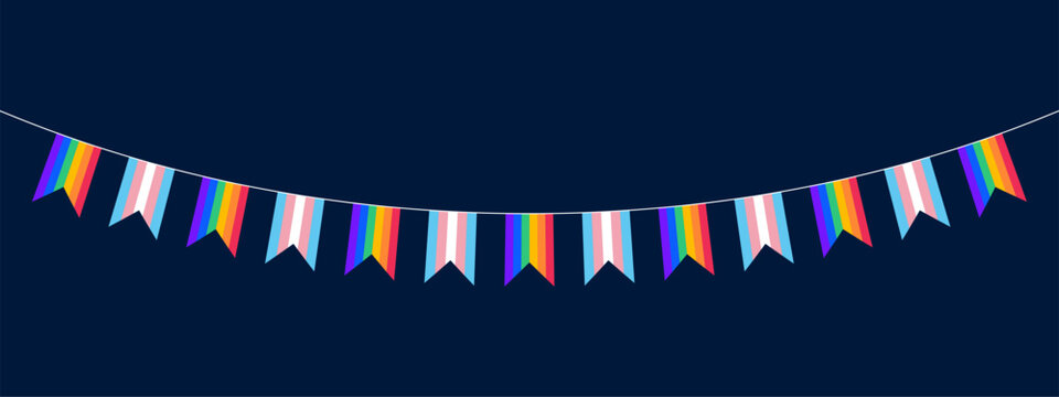 Pride Flag Bunting with LGBTQ and Transgender Flags. Pride Rainbow Bunting Decoration for LGBTQIA Pride Month. Pride Month Rainbow Flag Pennant Vector Illustration. 